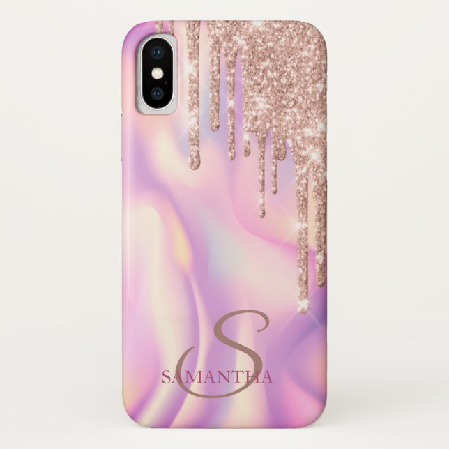 Elegante Rose Gold Glitzer Tropfen Holographisch Case-Mate iPhone Hülle (Rückseite)