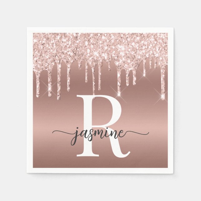 Elegante Rose Gold Glitzer Tropfen Metal Monogram Serviette (Vorderseite)
