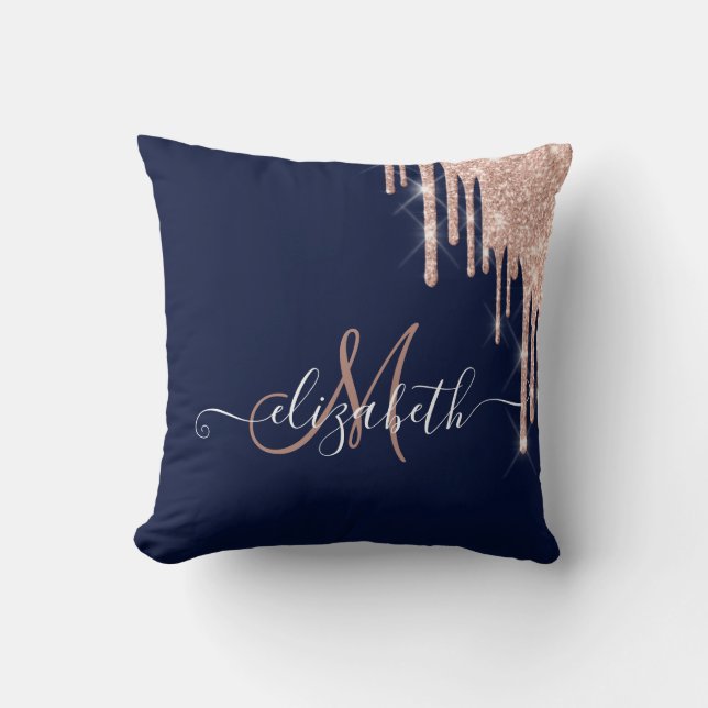 Elegante Rose Gold Glitzer Tropfen Monogram Navy B Kissen (Vorderseite)