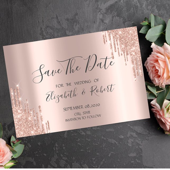 Elegante Rose Gold Glitzer Tropfen Save the Date (Von Creator hochgeladen)