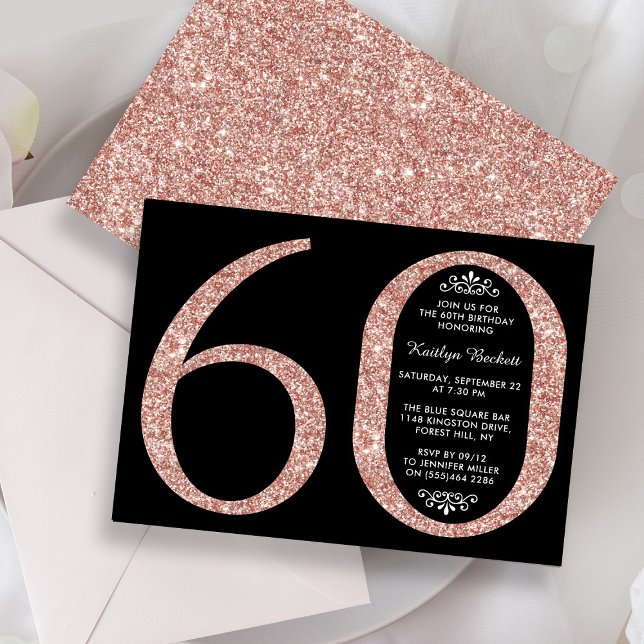 Elegante Rose Gold Glitzer Typografie 60. Geburtst Einladung (Von Creator hochgeladen)