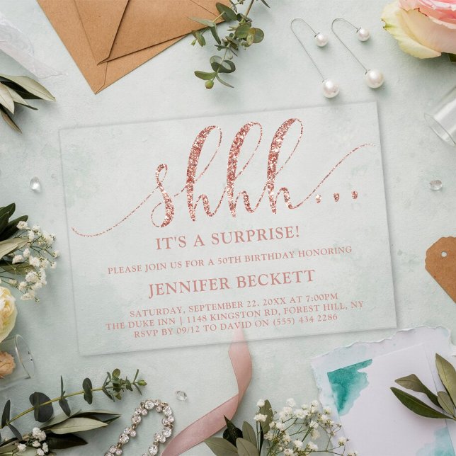 Elegante Rose Gold Glitzer Überraschung Geburtstag Acryleinladungen (Von Creator hochgeladen)