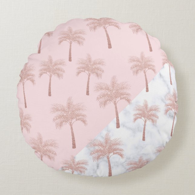 Elegante Rose Gold Glitzer und weißes Marmormuster Rundes Kissen (Vorderseite)