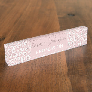 Elegante Rose Gold Glitzer White Leopard Print Namensplakette