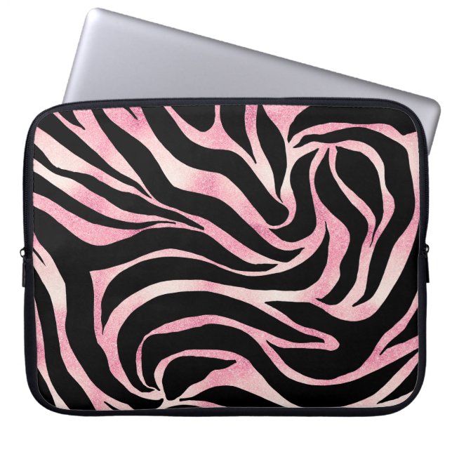 Elegante Rose Gold Glitzer Zebra Black Animal Prin Laptopschutzhülle (Vorderseite)