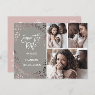 Elegante Rose Gold   Graues 3 Foto Save the Date Ankündigungspostkarte