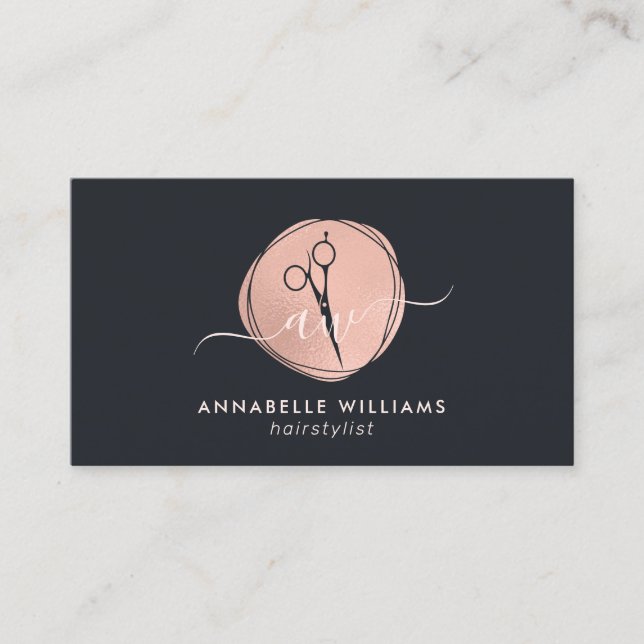 Elegante Rose Gold Hairstylist Logo Business Card Visitenkarte (Vorderseite)