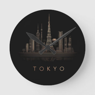 Elegante Rose-Gold-Illustration der Stadtsilhouett Runde Wanduhr