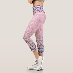 Elegante Rose Gold Iridescent Glitzer Leopard Prin Capri Leggings