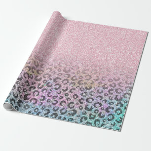 Elegante Rose Gold Iridescent Glitzer Leopard Prin Geschenkpapier