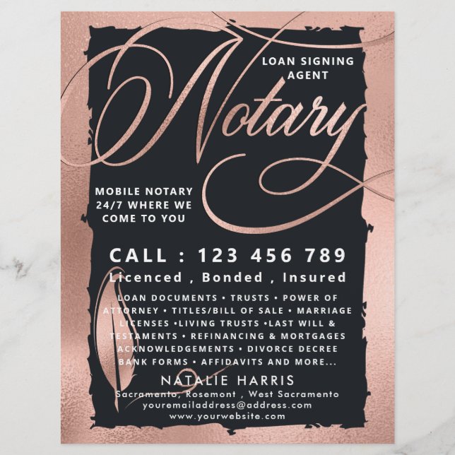Elegante Rose Gold & Kohle Notar Agent Flyer (Vorne)