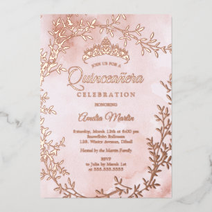 Elegante Rose Gold Leaf Wreath Quinceanera Folieneinladung