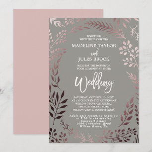 Elegante Rose Gold Leafy Rahmen Hochzeit & Empfang Einladung