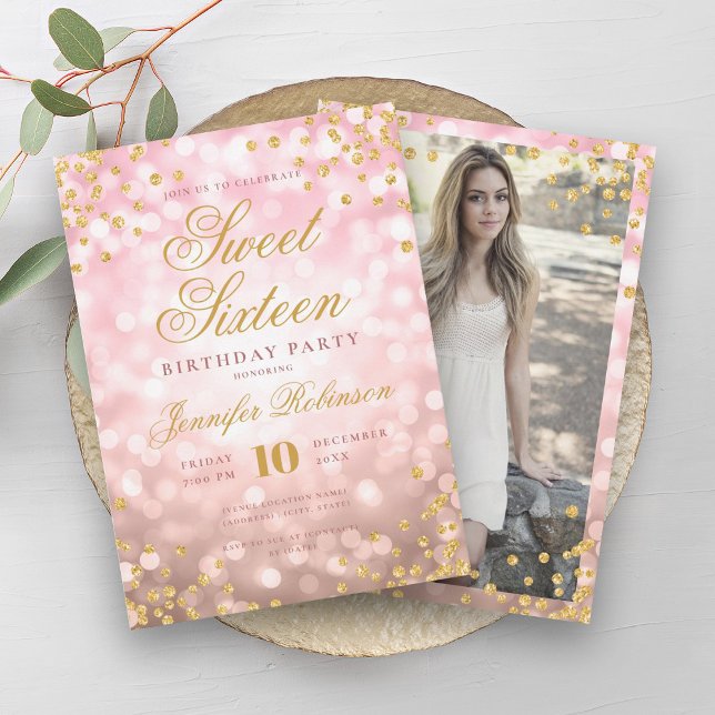 Elegante Rose Gold Lights & Gold Foto Sweet 16 Einladung (Elegant Rose Gold Lights & Gold Photo Sweet 16 Invitation)