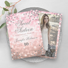 Elegante Rose Gold Lights Silver Foto Sweet 16 Einladung
