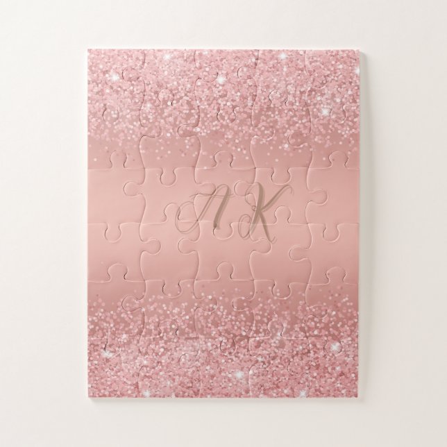 Elegante Rose Gold Luxe Schimmer Monogramm Puzzle (Vertikal)