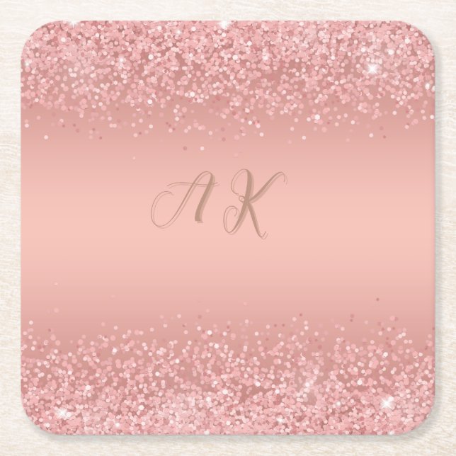 Elegante Rose Gold Luxe Shimmer Monogramm Rechteckiger Pappuntersetzer (Vorderseite)