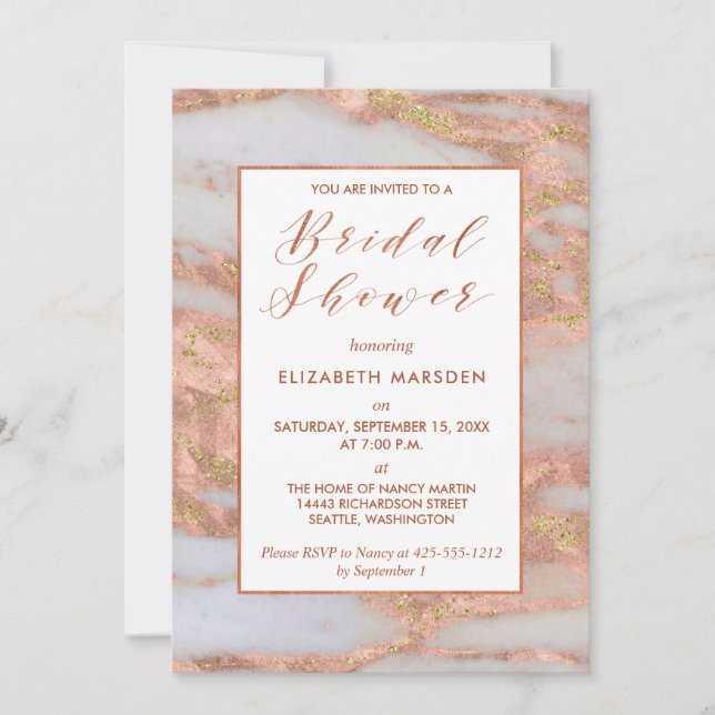 Elegante Rose Gold Marble Script Brautparty Einladung (Vorderseite)