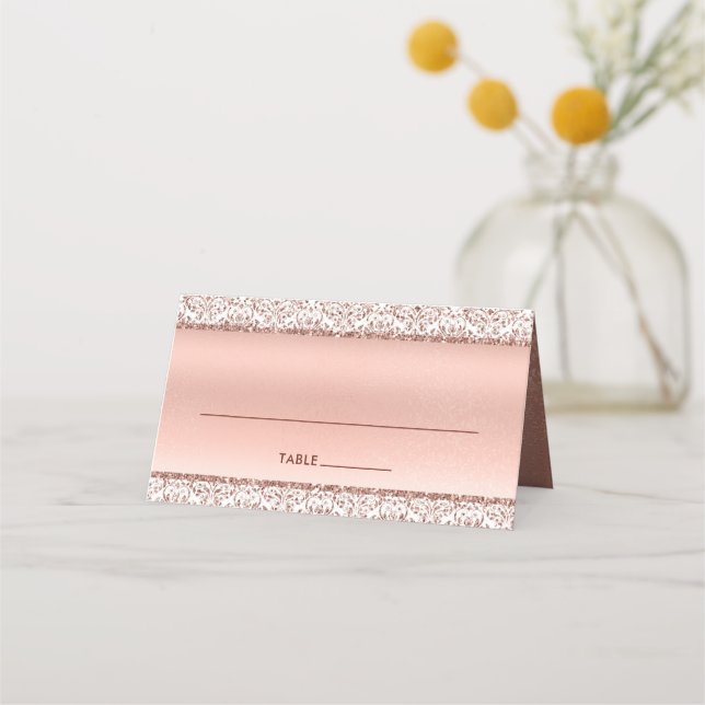 Elegante Rose Gold Metallic Damask Hochzeit Platzkarte (Vorderseite)