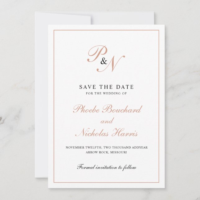 Elegante Rose Gold Monogram Formal Wedding Save The Date (Vorderseite)