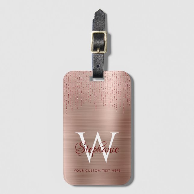 Elegante Rose Gold Monogram Sparkle Gepäckanhänger (Vorderseite Vertikal)