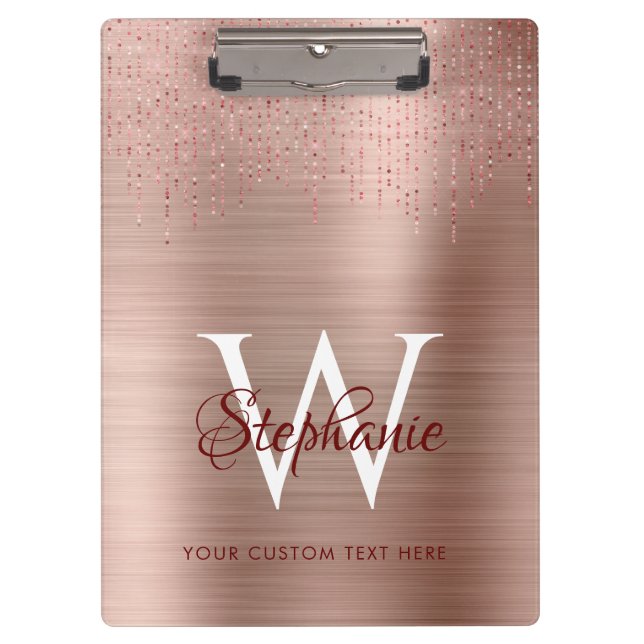 Elegante Rose Gold Monogram Sparkle Klemmbrett (Vorderseite)