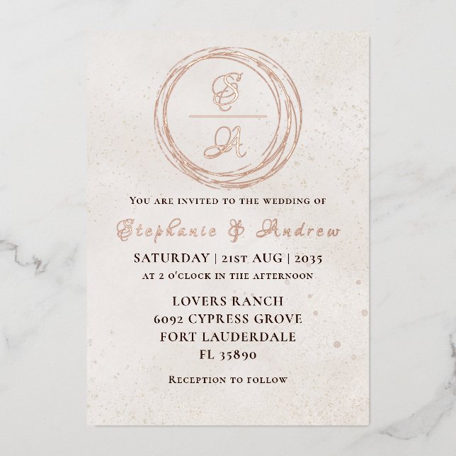 Elegante Rose Gold Monogram Wedding Foil Einladung (Vorderseite)