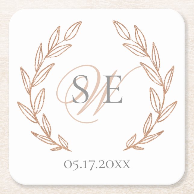 Elegante Rose Gold Monogram Wedding Rechteckiger Pappuntersetzer (Vorderseite)