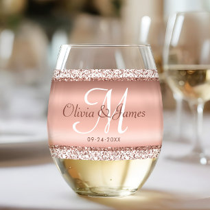 Elegante Rose Gold Monogram Wedding Weinglas Ohne Stiel