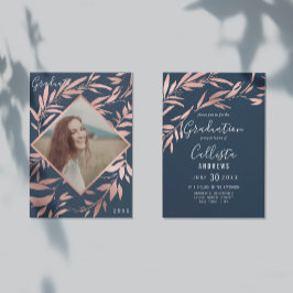Elegante Rose Gold Navy Blätter Foto Abschluss Einladung