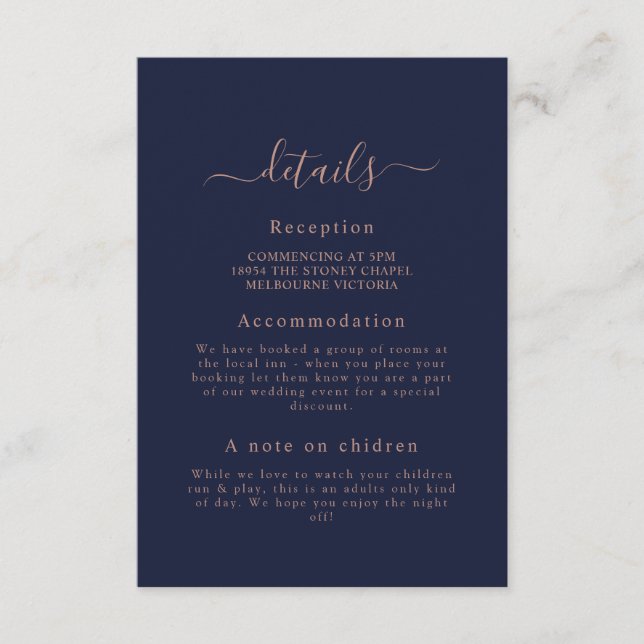 Elegante Rose Gold Navy Blue Wedding Detail Card Begleitkarte (Vorderseite)