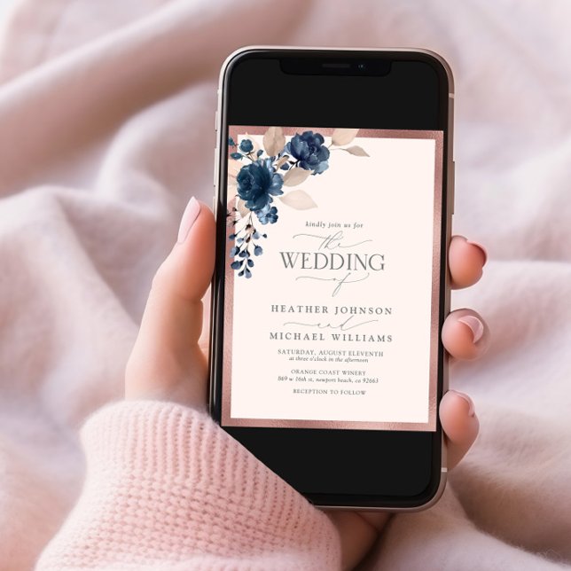 Elegante Rose Gold Navy Blush Pink Blütenblume Einladung (Von Creator hochgeladen)
