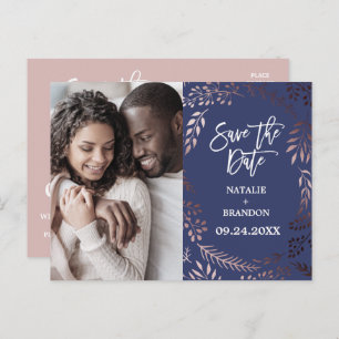 Elegante Rose Gold Navy Foto Save the Date Ankündigungspostkarte
