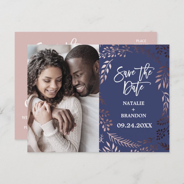 Elegante Rose Gold | Navy Foto Save the Date Ankündigungspostkarte (Vorne/Hinten)