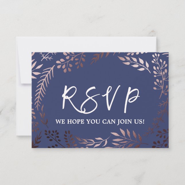 Elegante Rose Gold & Navy Wedding Website RSVP Car Karte (Vorderseite)
