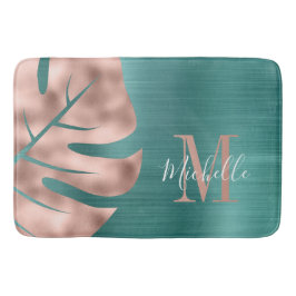 Elegante Rose Gold Palm Green Leaf Monogramm Badematte