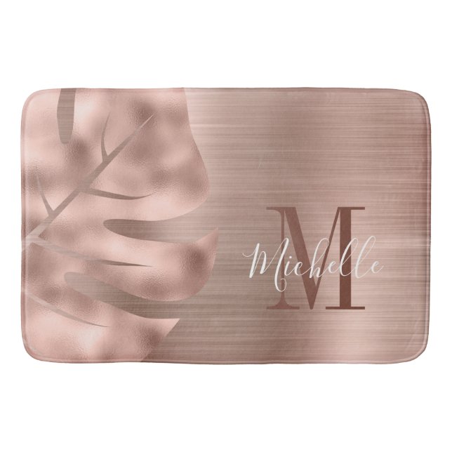 Elegante Rose Gold Palm Leaf Monogram Badematte (Vorderseite)
