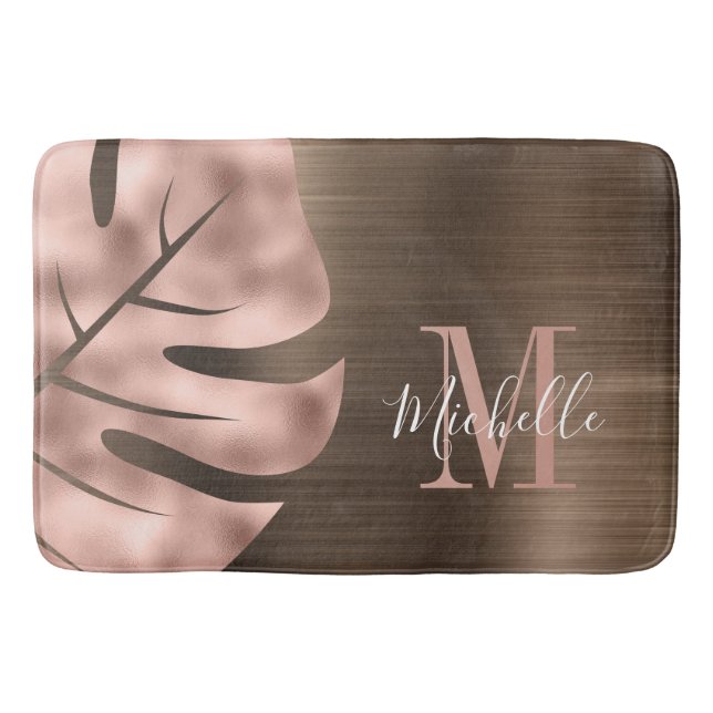 Elegante Rose Gold Palm Leaf Monogram Badematte (Vorderseite)