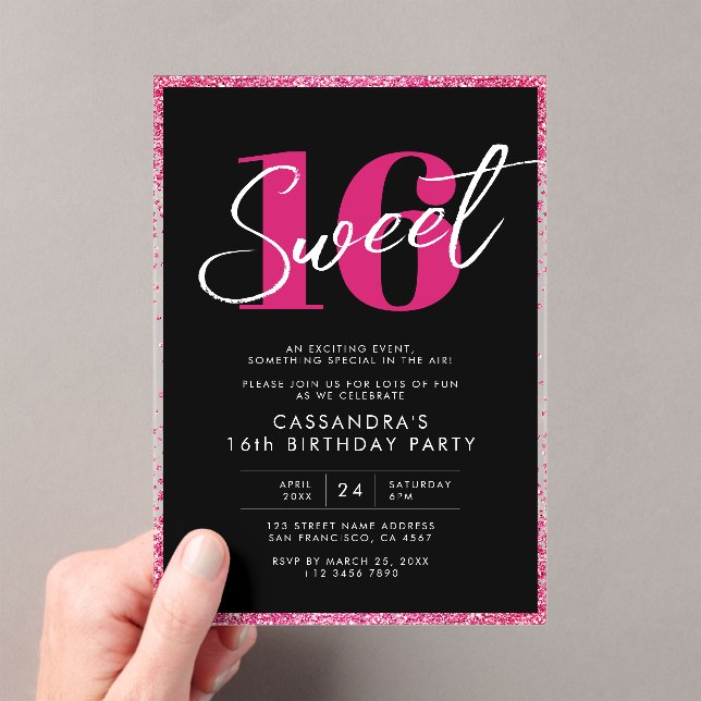 Elegante Rose Gold Pink & Black Sweet 16 Geburtsta Acryleinladungen (Insitu (Handheld))