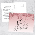 Elegante Rose Gold Pink Glitzer 60. Geburtstagspar Einladungspostkarte<br><div class="desc">Chic und elegante 60. Geburtstag Party Postcard Einladung. "60 & Fabulous" ist in stilvollem Kalligraphie-Skript auf einem rosa ombre Hintergrund und Rose Gold und rosa Imitate Glitzer Tropfen von oben geschrieben. Einfach personalisieren mit ihrem Namen und den 60 Geburtstagsdetails auf der Rückseite.</div>