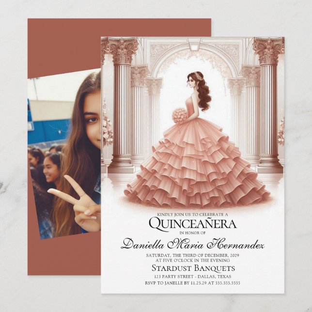 Elegante Rose Gold Quinceñera Einladung (Vorne/Hinten)