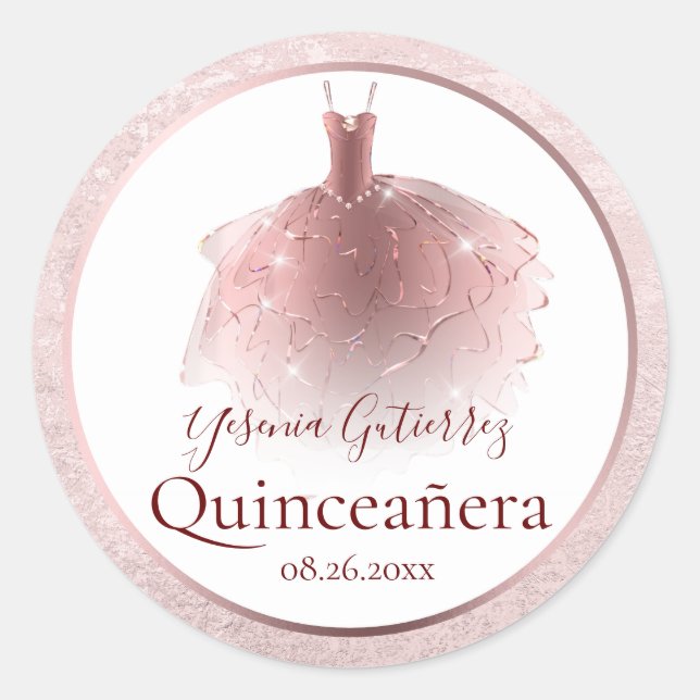 Elegante Rose Gold Quinceñera Kleid Runder Aufkleber (Vorderseite)