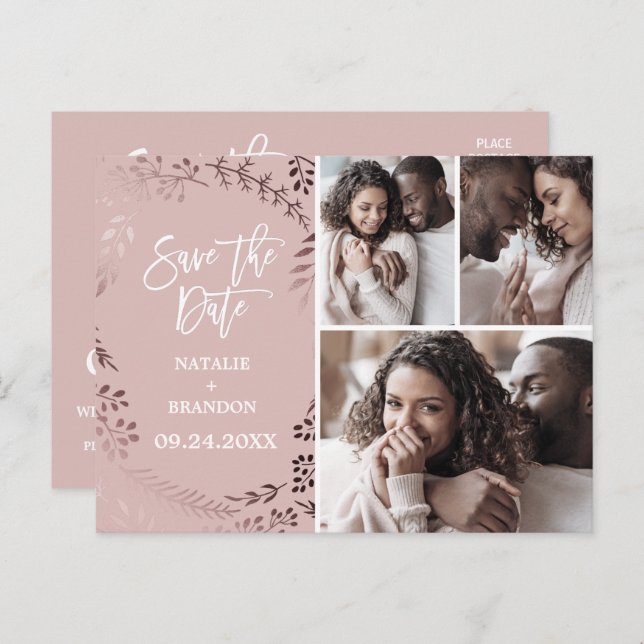 Elegante Rose Gold | Rosa 3 Foto Save the Date Ankündigungspostkarte (Vorne/Hinten)