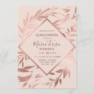 Elegante Rose Gold Rosa Blumengestein Blätter Quin Einladung