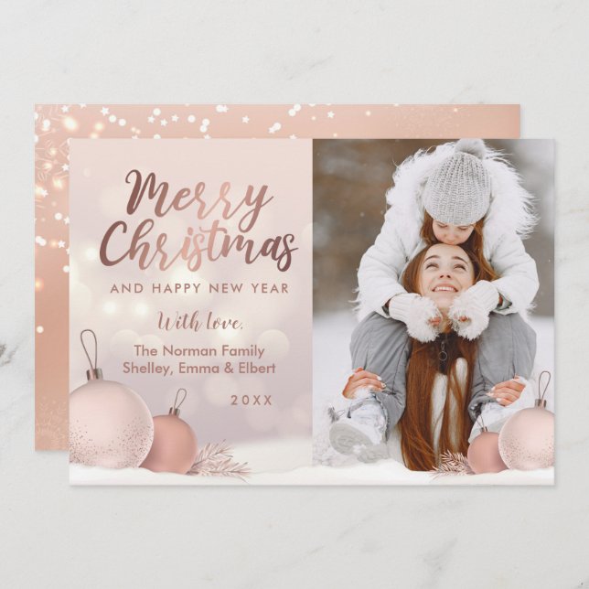 Elegante Rose Gold Rosa Foto Feiertagskarte (Vorne/Hinten)