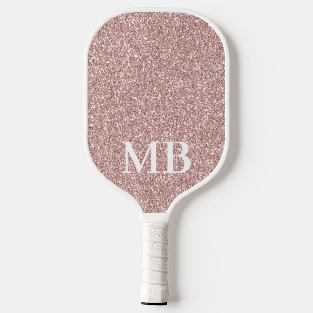 Elegante Rose Gold Rosa Glitzer 2 Initial Monogram Pickleball Schläger (Rückseite)