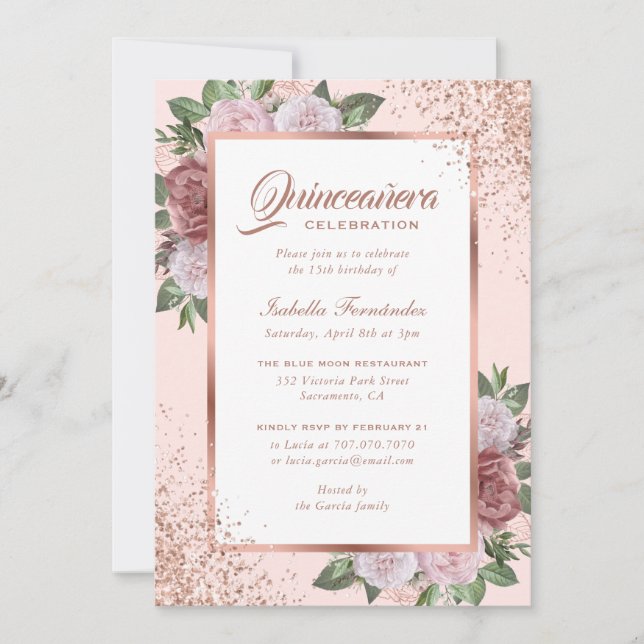 Elegante Rose Gold Rosa Rosa Quinceañera Einladung (Vorderseite)