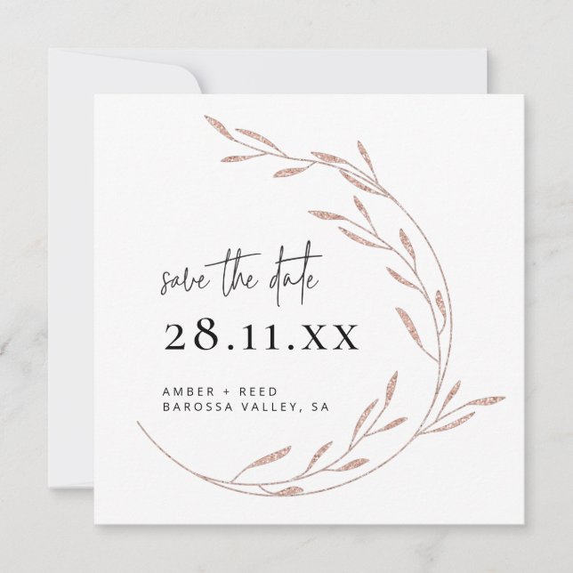 Elegante Rose Gold Save the Date Karte (Vorderseite)