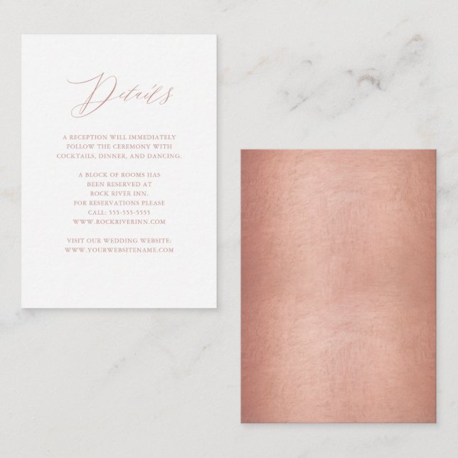 Elegante Rose Gold Script - Einzelheiten zur Hochz Begleitkarte (Vorne/Hinten)