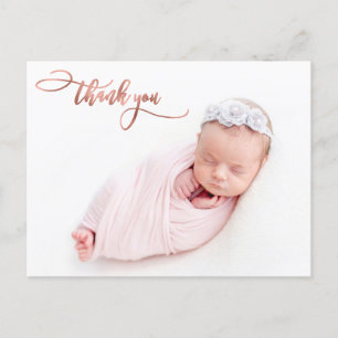Elegante Rose Gold Script New Baby Foto Vielen Dan Postkarte